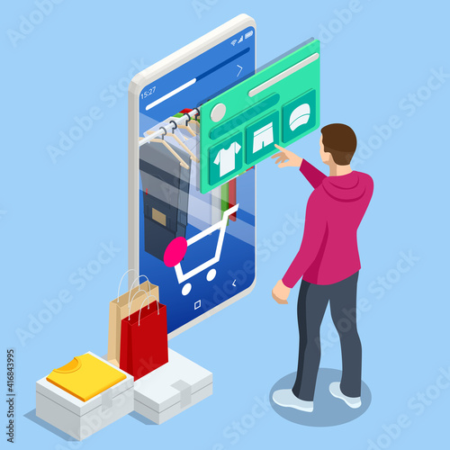 Isometric Smart phone online shopping, clothing store concept. Online shopping e-commerce. Modern shopping app on smart phone. Buying clothes on web site or app.