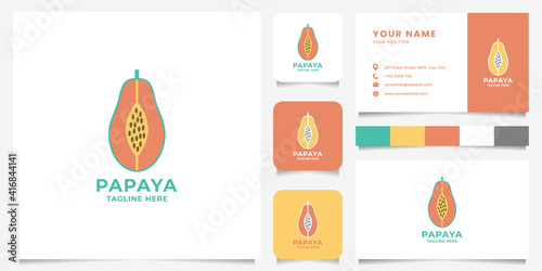 Colorful papaya flat design logo with business card, icon, and color palette