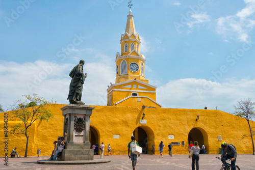 Statue of Pedro de Heredia and public clock tower at Boca del Puente, the main entrance to the historic center of Cartagena, UNESCO World Heritage Site, Bolivar Department, Colombia photo