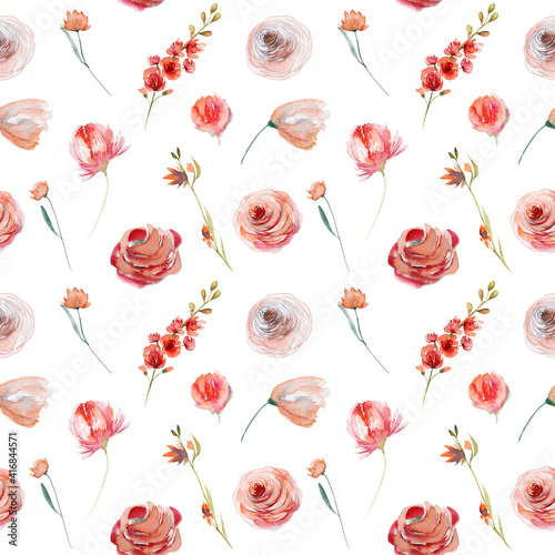 Watercolor flower seamless pattern of red and white roses and wildflowers, illustration on white background © nastyasklyarova