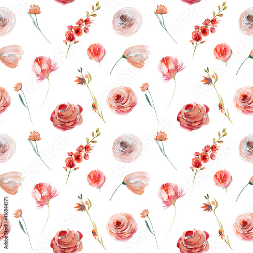 Watercolor flower seamless pattern of red and white roses and wildflowers  illustration on white background