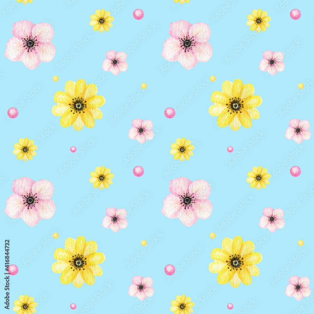Spring flowers Seamless pattern Beautiful bright colors watercolor flowers. Spring Yellow blue pink flower with green leaf, willow background. Design for invitation, scrapbooking, fabric, texture