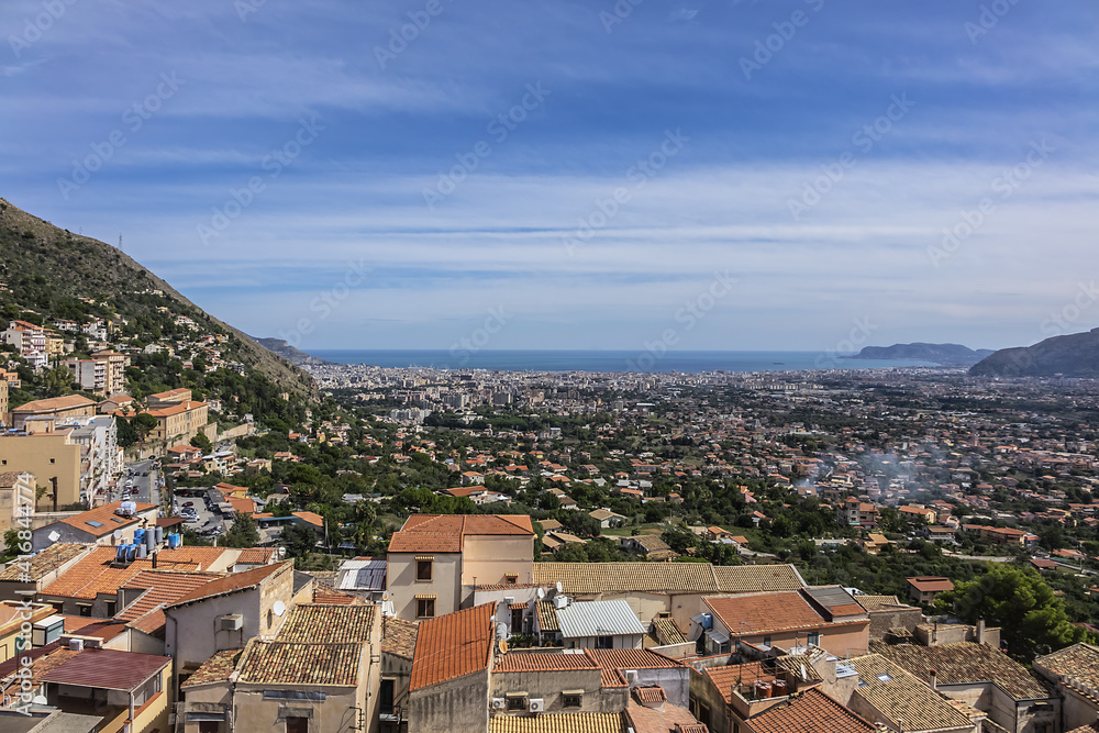 Aerial view of Monreale city from Cathedral of Monreale. Monreale - town and commune in the Metropolitan City of Palermo. Sicily, Italy, Europe.