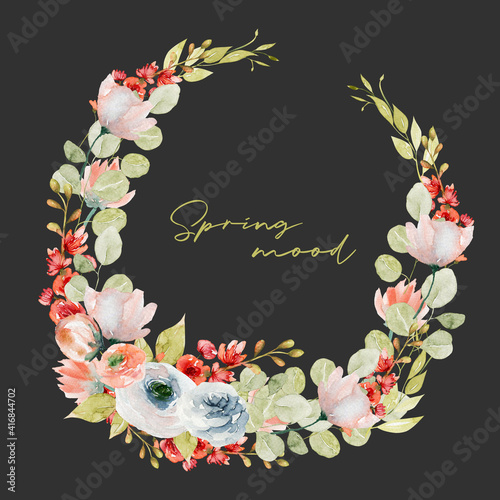 Wreath of watercolor spring plants: tender pink and red wildflowers, greenery and eucalyptus branches; hand painted isolated illustrations on a dark background