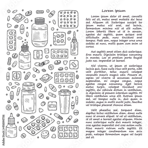  Illustration with cute hand drawn pills icons. Vector medical collection	