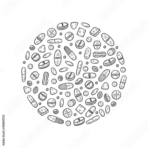  Round composition with cute hand drawn pills icons. Vector medical collection	