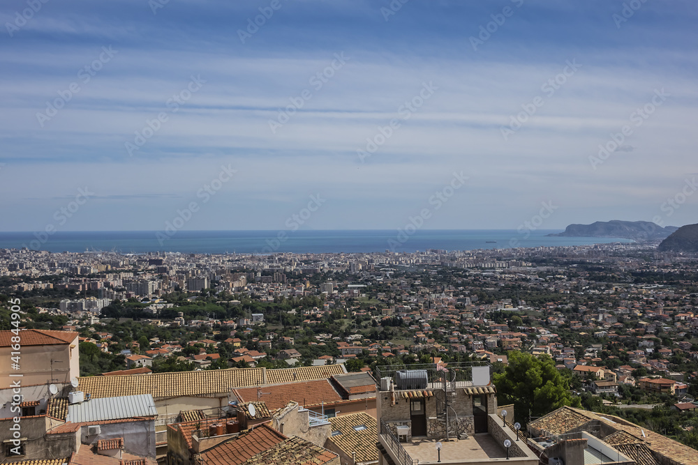 Aerial view of Monreale city from Cathedral of Monreale. Monreale - town and commune in the Metropolitan City of Palermo. Sicily, Italy, Europe.