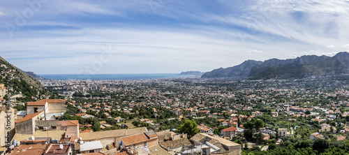 Aerial view of Monreale city from Cathedral of Monreale. Monreale - town and commune in the Metropolitan City of Palermo. Sicily, Italy, Europe.