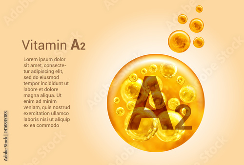 Vitamin A2. Baner with vector images of golden balls with oxygen bubbles. Health concept.