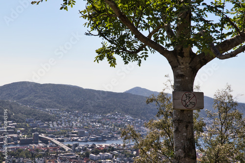 Sign prohibiting witches from flying. No witches allowed, sign on a white wooden board on a tree. The panoramic view of the city in the background. Selective focus