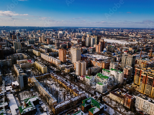 Modern residential area in Rostov-on-Don, aerial view from drone in winter day