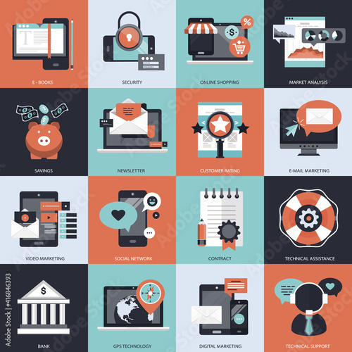 Business, technology and management icon set for websites and mobile applications. Flat vector illustration
