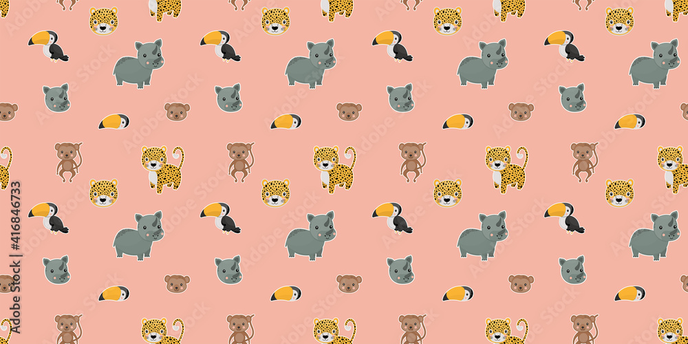Seamless pattern of cartoon cute leopards, rainbow toucans, spider monkeys, and their faces with white outlines like stickers on a pink background. Digital paper. Vector. Seamless pattern of cartoon cute leopards, rainbow toucans, spider monkeys, and their faces with white outlines like stickers on a pink background. Digital paper. Vector.