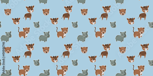 Fototapeta Naklejka Na Ścianę i Meble -  Baby`s seamless pattern of funny cartoon South American noses, okapi, baby rhinos, and their muzzles with white strokes like stickers on a blue background. Vector endless texture.