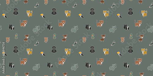 Seamless pattern of cartoon cute baby rhinos, western gorillas, boas constrictor, okapis, South American noses, tapirs, rainbow toucans, spider monkeys, gray parrots, leopards. Gray background. Vector