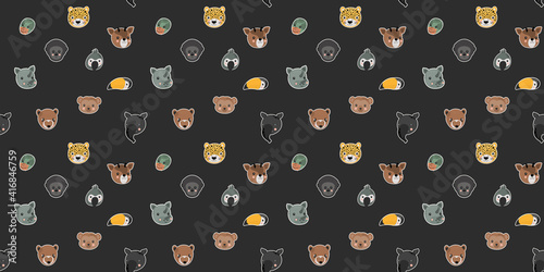 Seamless pattern of spider monkeys, rainbow toucans, gray parrots,  rhinos, leopards,  okapis, boas constrictor, South American noses, western gorillas, tapir cartoon faces. Black background. Vector.