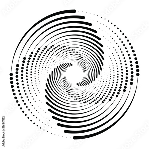 Black halftone dots and lines in spiral form. Geometric shape. Vector illustration. Monochrome background. Design element for prints, web, tattoo, template, presentation, logo and textile pattern