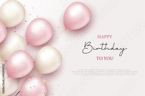 Fotobehang Realistic happy birthday balloon white and pink background