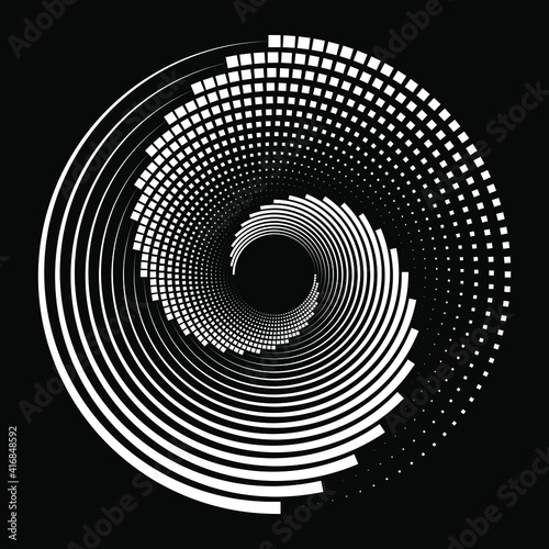 White halftone square dots and lines in spiral form. Geometric shape. Vector illustration. Monochrome background. Design element for prints, web, tattoo, template, presentation, logo and pattern