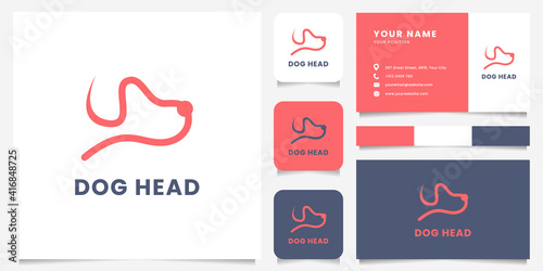 Simple and minimalist line art dog head logo with business card, icon, and color palette