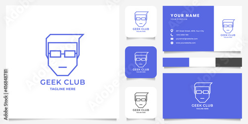 Simple and minimalist man with glasses logo with business card, icon, and color palette