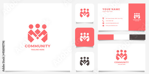 Simple and minimalist holding hand peoples form letter M logo with business card, icon, and color palette