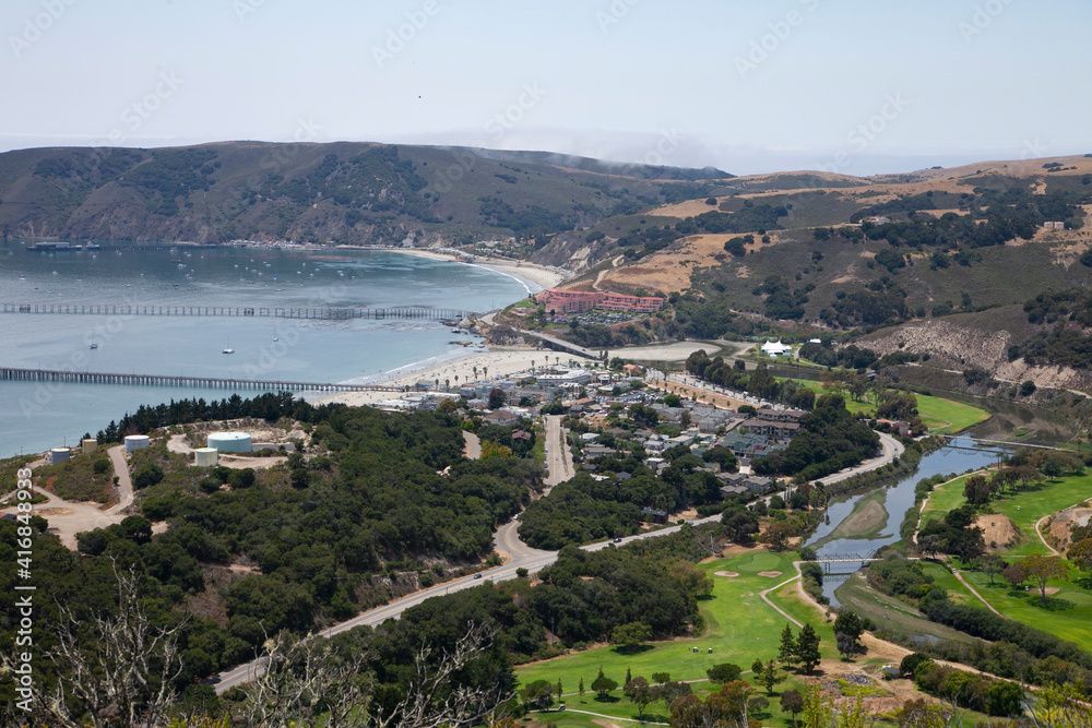 View overlooking Avila Bay in San Luis Obispo, California. Beautiful coastal town on the central coast of California. Port San Luis. Aerial view shows bay and golf course

