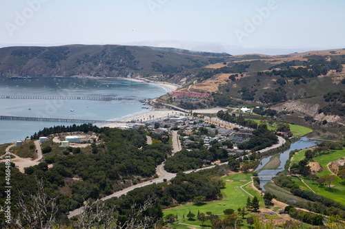 View overlooking Avila Bay in San Luis Obispo, California. Beautiful coastal town on the central coast of California. Port San Luis. Aerial view shows bay and golf course 
