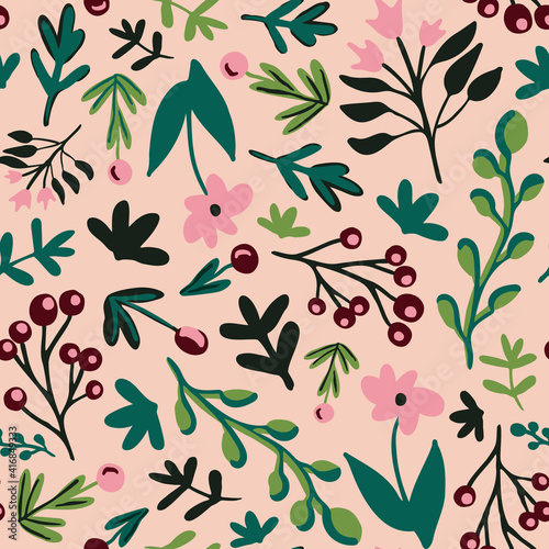 Different botanical plants seamless repeat pattern. Random placed, vector flowers, berries, herbs, branches and bushes minimal all over surface print on rose background.