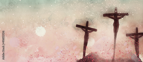 Photography Crucifixion. Watercolor christian banner..