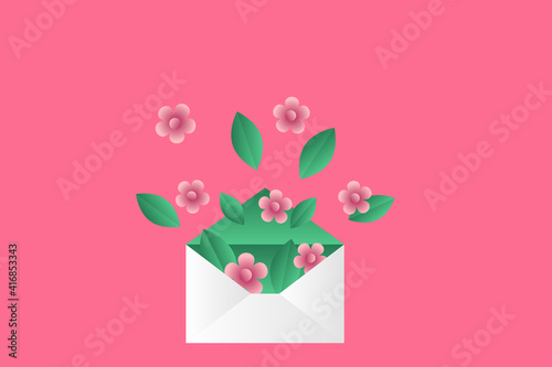 Envelope with cherry flowers and leaves isolated on pink background with copy space. Spring concept vector illustration