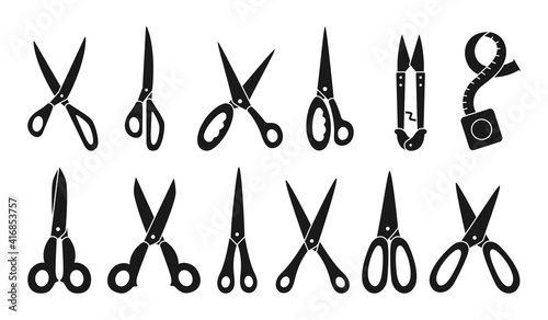Scissor black glyph set. Professional pair, scissors cutting hair or needlework. Craft and scissoring flat creative scissors. Open, closed cutting or nippers collection. Vector illustration