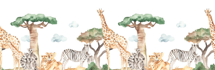 Rollo Babyzimmer Aquarell Savannentiere Mama und Baby  © MarinaErmakova
