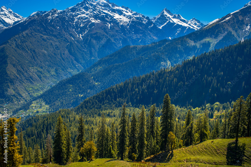 Panorama of the mountains. View of Majestic Himalayan mountains in Parvati Valley, Himachal Pradesh, India.