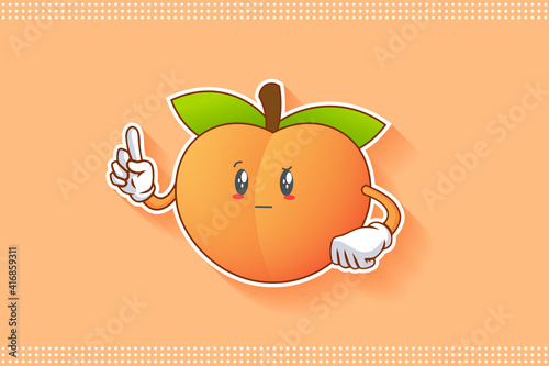 REALLY, ATTENTIVE, CURIOS Face Emotion. Forefinger Hand Gesture. Peach Fruit Cartoon Drawing Mascot Illustration.
