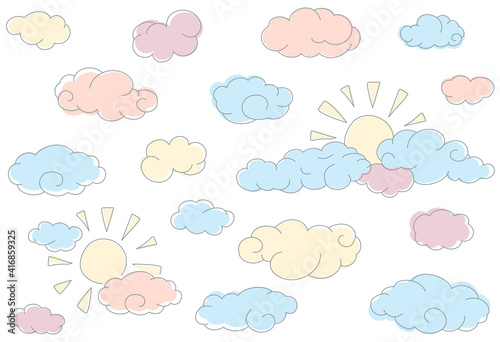 Colorful doodle seamless pattern with clouds and sun.