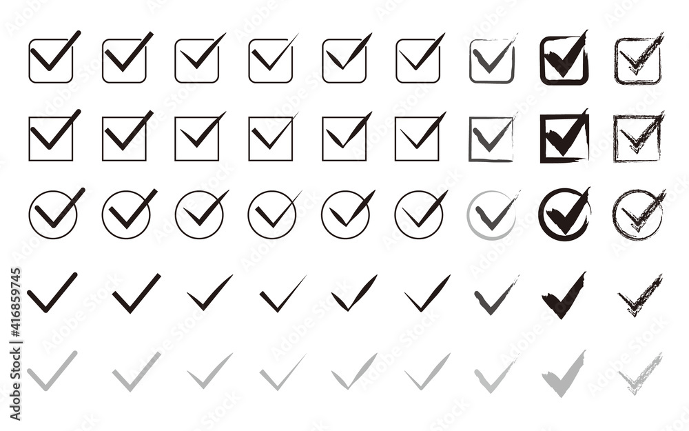 Set of check mark icons. Check mark icon collection. vector illustration. チェックマークイラスト、チェックマークセット Set of check mark icons. Check mark icon collection. vector illustration. チェックマークイラスト、チェックマークセット