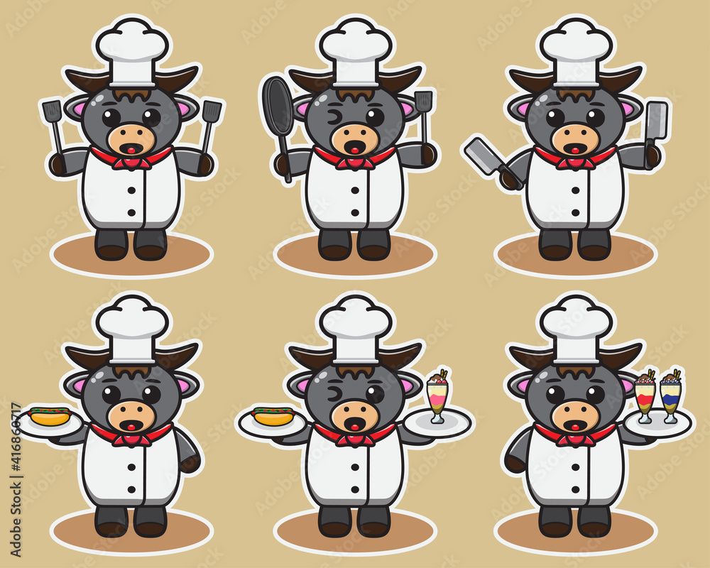 Obraz premium Vector illustration of cute Buffalo Chef cartoon. Cute Buffalo expression character design bundle. Good for icon, logo, label, sticker, clipart.