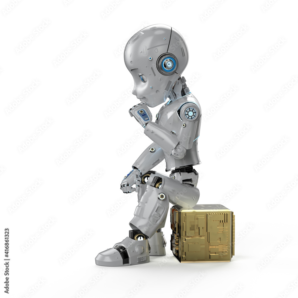 Cute robot with cartoon character think Cute robot with cartoon character think