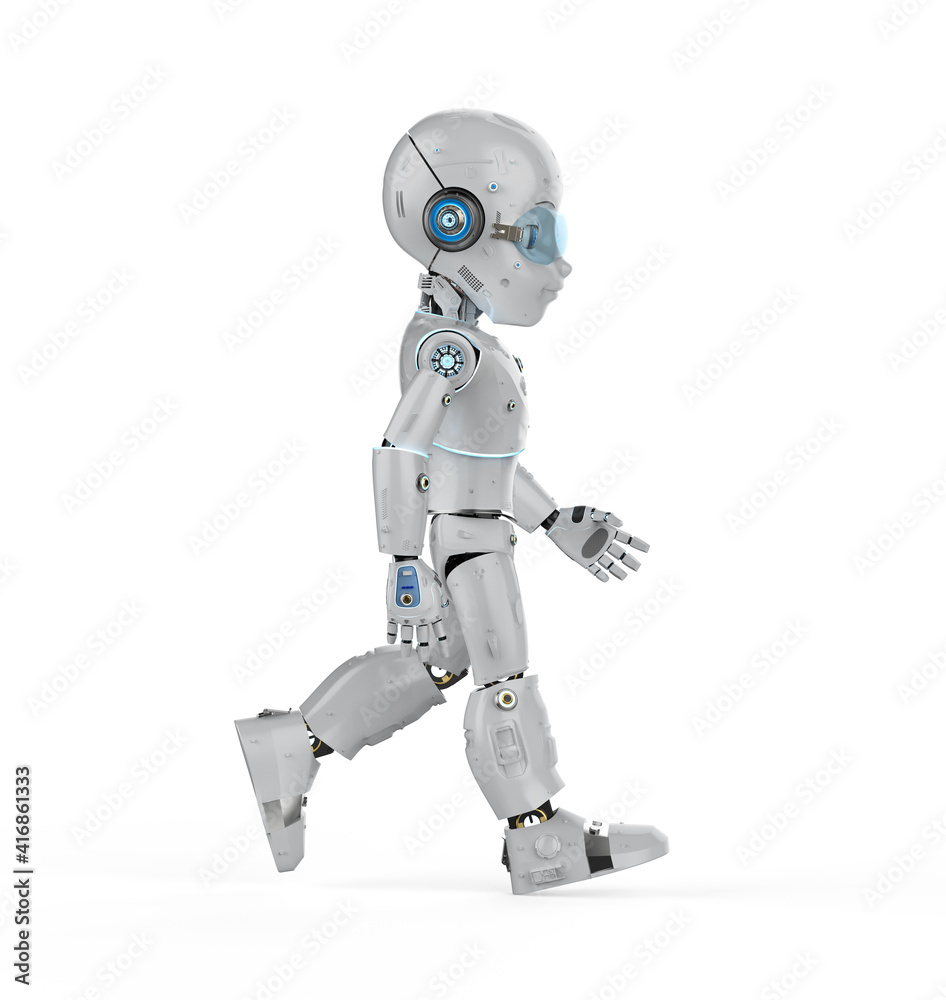 Cute robot with cartoon character walk Cute robot with cartoon character walk