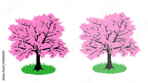 Vector stitched and pixel sakura on white background. Illustration for game design, marketing, embroidering, advertising