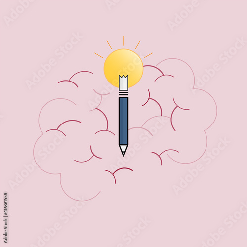 Pencil icon merged with illuminated lightbulb symbol on human brain lobe line texture. Get a bright idea concept. Vector illustration outline flat design style.