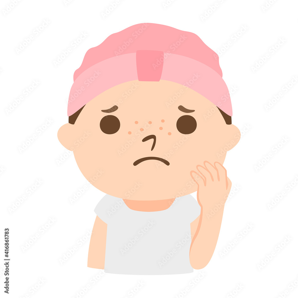 Obraz premium 顔にあるそばかすに悩んでる女の子のイラスト。