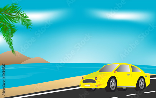 Travel for vacation in summer.Summer time and yellow car on beach. Driving on the beach road. Go to a road trip.