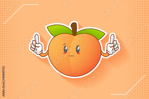 REALLY, ATTENTIVE, CURIOS Face Emotion. Double Forefinger Hand Gesture. Peach Fruit Cartoon Drawing Mascot Illustration.