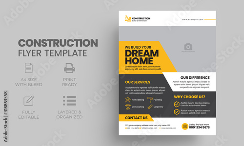 Construction and renovation business flyer template with creative modern layout