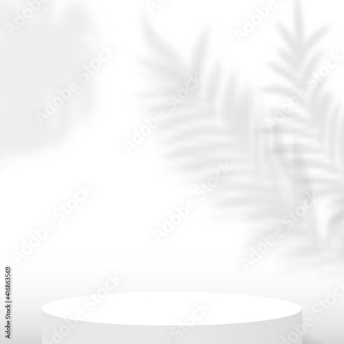White circle stage podium decoration with shadow of tropical plants. Pedestal scene with for product, advertising, show, award ceremony, on white background. Minimal style. Vector illustration.
