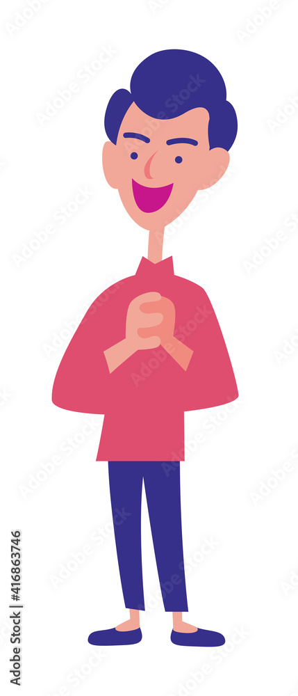 Smart male with big smile wearing fashioned costume and holding own hands. Handsome man smiling happily. - vector Smart male with big smile wearing fashioned costume and holding own hands. Handsome man smiling happily. - vector