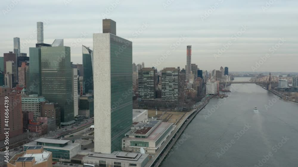 flying counter clockwise around and towards UN headquarters in NYC flying counter clockwise around and towards UN headquarters in NYC