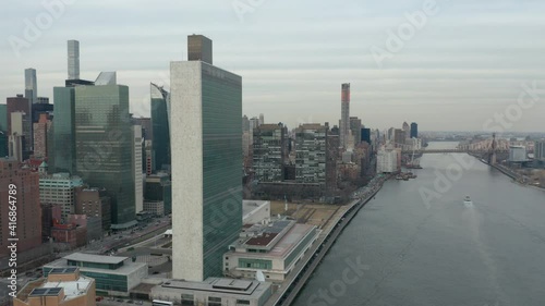 flying counter clockwise around and towards UN headquarters in NYC